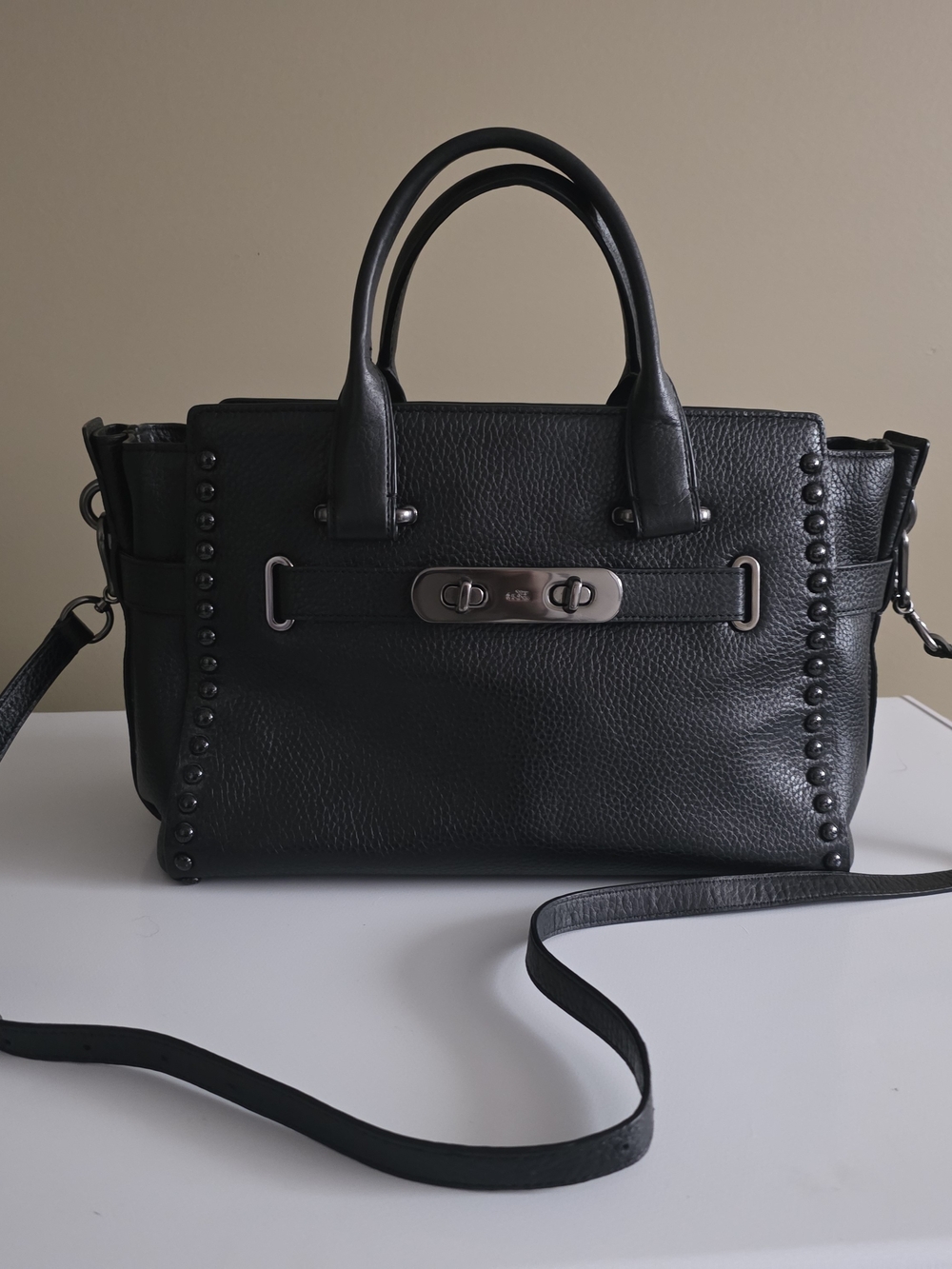 Coach Swagger 27 Black Pebble Leather Studded Satchel Bag